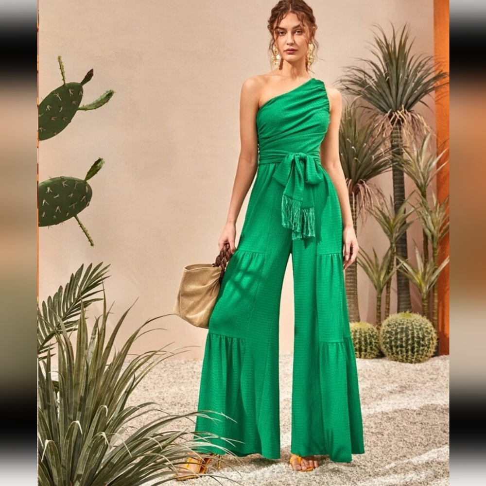 SHEIN One Shoulder Tiered Wide Leg Tie Waist Jumpsuit Small Green NWOT